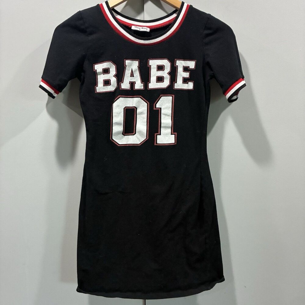 Y2K BABE 01 Ringer Mini Dress Black Red White Varsity Graphic Bodycon XS S